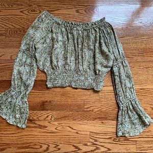 Olive Green Floral Off-Shoulder Crop Top
